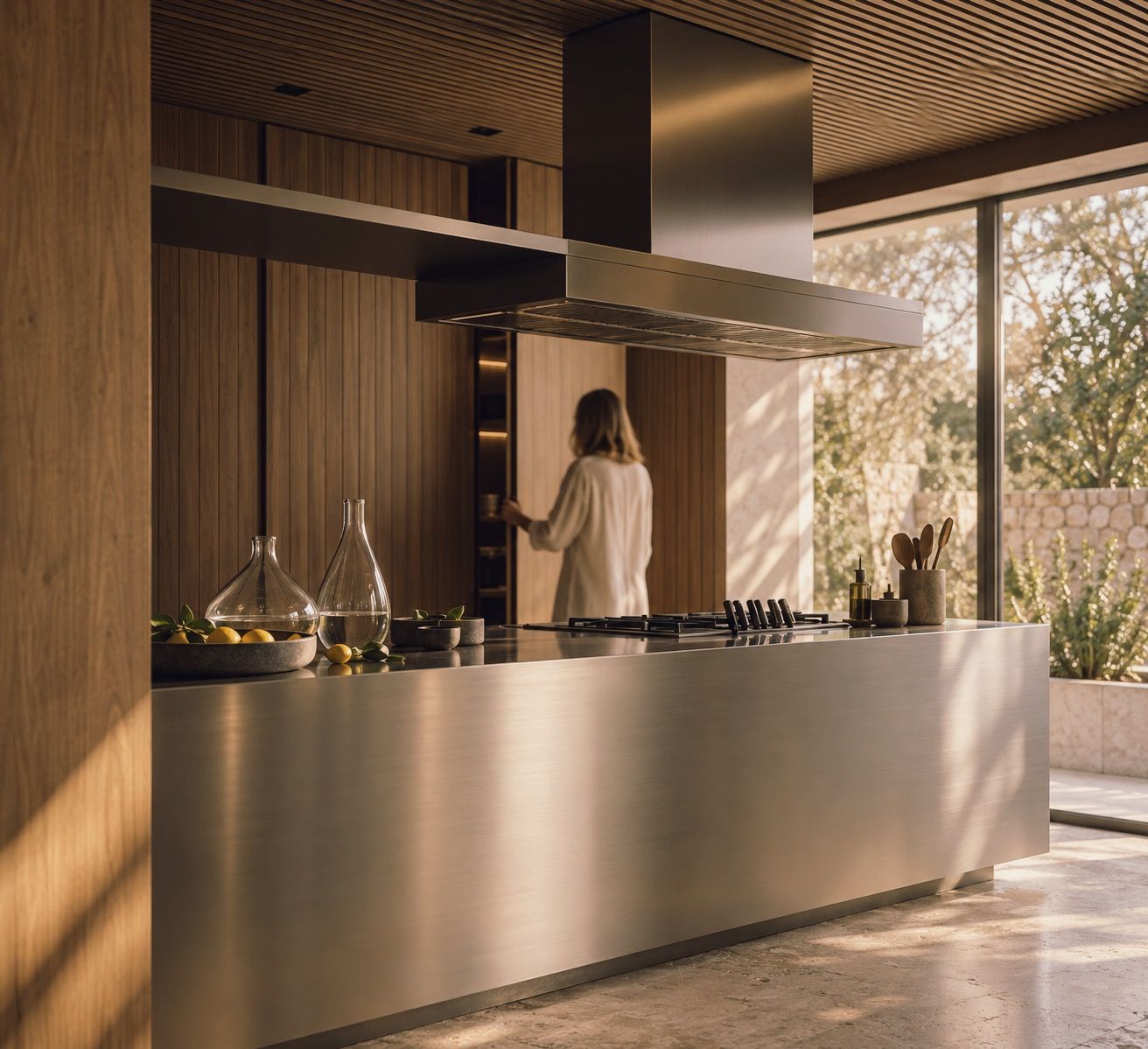 Cocina con isla de acero y madera